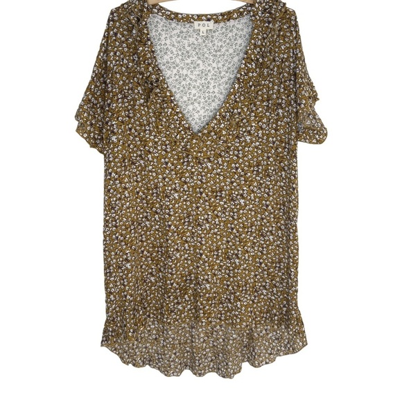 POL Brown Floral Mixed Print High Low Boho Mini Dress Size Large - Picture 1 of 16